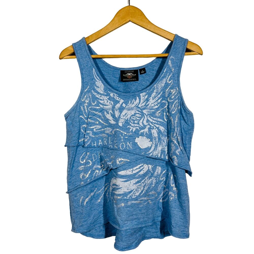 Harley Davidson Tiered Tank Causal Ruffle Blue Silver Sleeveless - S